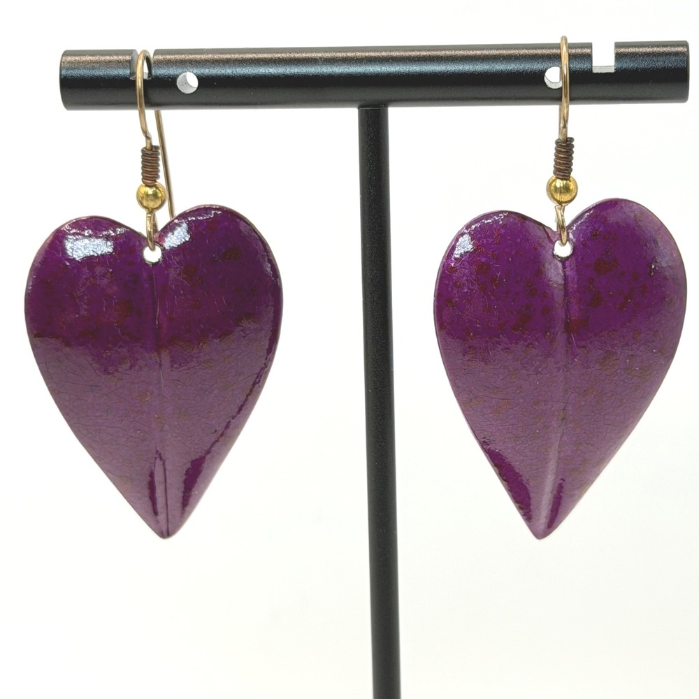 Purple Leaf Heart Dangle Earrings Gold Tone Boho Whimsigoth Botanical Vintage